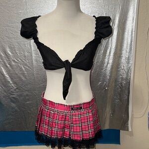 Chic Black Top and Pink Plaid Mini Skirt Set